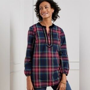 Talbots Women’s M Cotton Multi Red Tartan Plaid Split Neck Tunic Top Shirt EUC